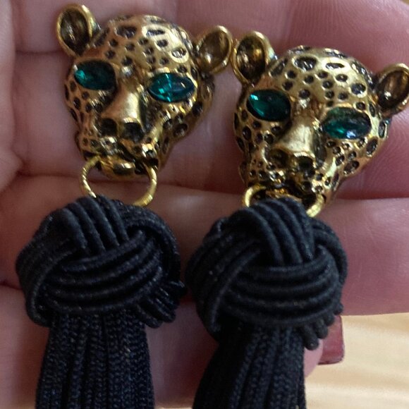 Long Black Tassel Earrings Hanging From Golden Leopard Face With Green Eyes - Picture 3 of 5